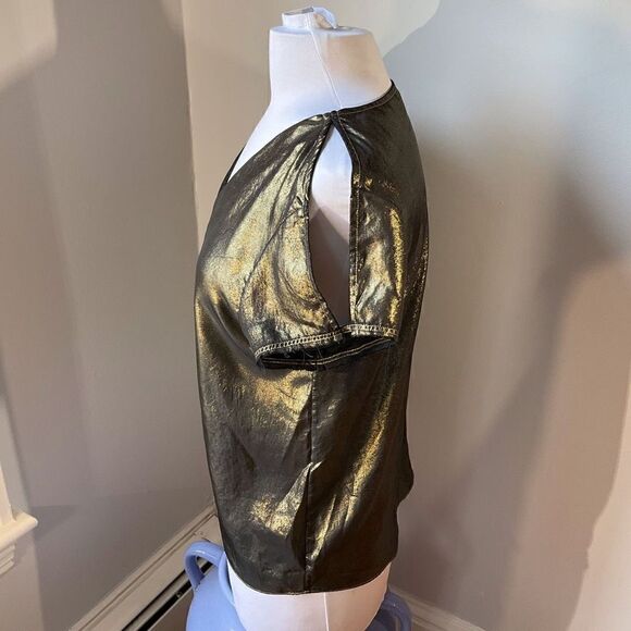 All Saints Gold Lame’ Box Style Top. Cold Shoulder Cut Outs, Raw Hems. Size 0 - Picture 4 of 10